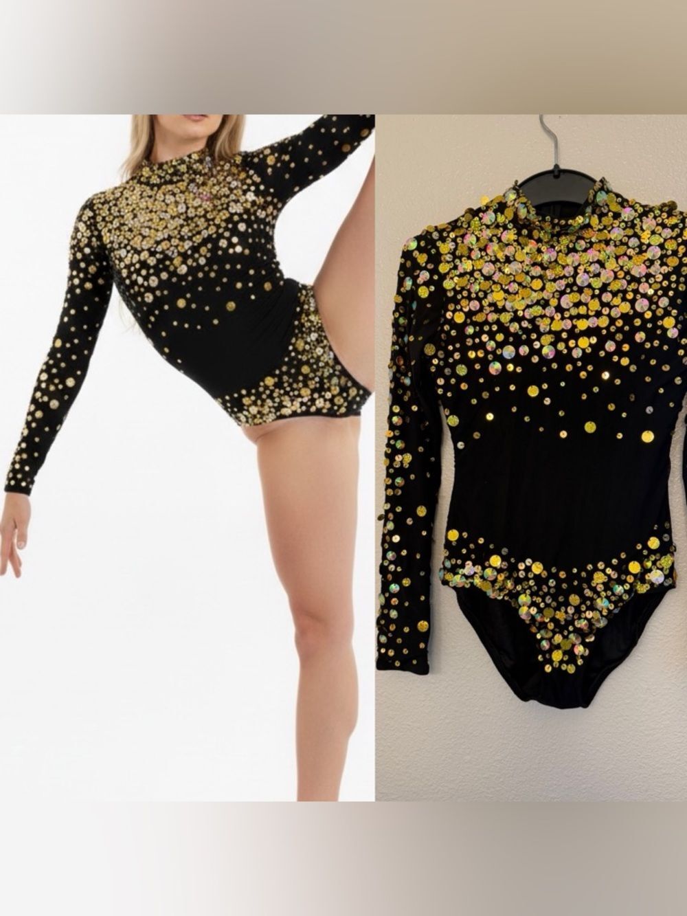 Glamour dance costume black gold mesh sequin gem long sleeve leotard-Adult SA